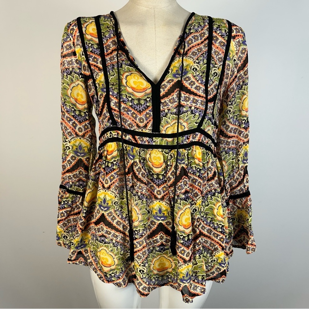 ASOS Boho Paisley Blouse Vibrant Yellow & Black Long Sleeve Top Size 6❤️